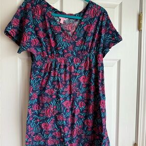 Women’s Navy Floral Print V-Neck Dress- Pink & Teal